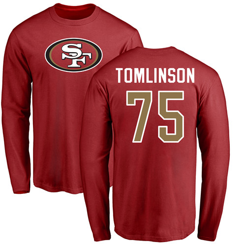 Men San Francisco 49ers Red Laken Tomlinson Name and Number Logo #75 Long Sleeve NFL T Shirt->nfl t-shirts->Sports Accessory